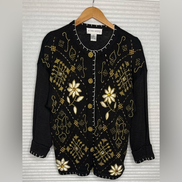 Victoria Harbour Sweaters - Vintage Victoria Harbour Cardigan Knit Beaded Sweater  Black Gold Y2K L